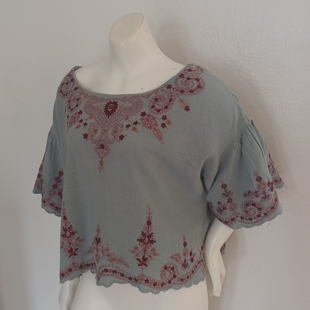 Free People Chambray Oversized Cropped Embroidered Top Size XS